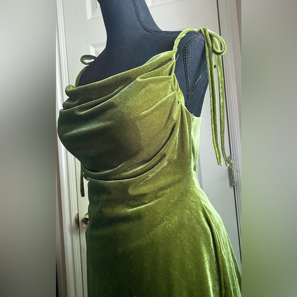 Green Velvet Cowl Neck Tie-Shoulder Dress